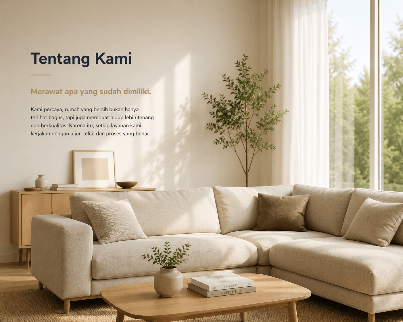 Ilustrasi ruang tamu modern yang mencerminkan kenyamanan rumah terawat.