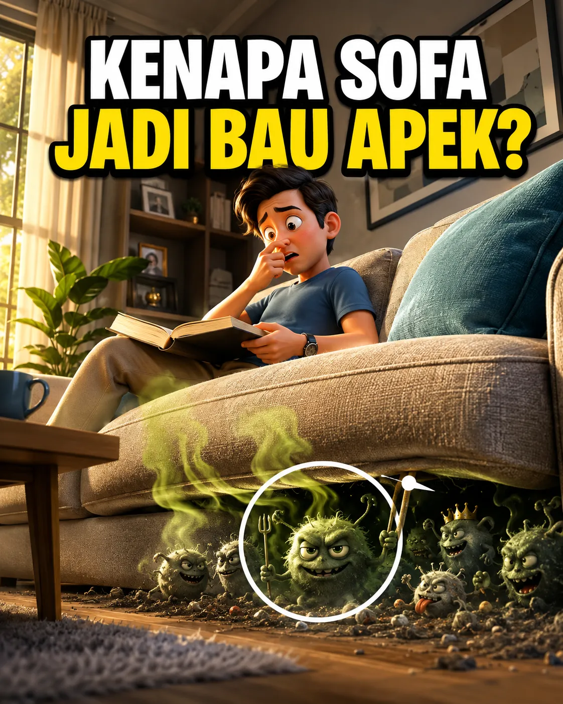 Ilustrasi seseorang mencium bau tidak sedap dari sofa yang terlihat bersih, menggambarkan kenapa sofa bau apek akibat kotoran tersembunyi.